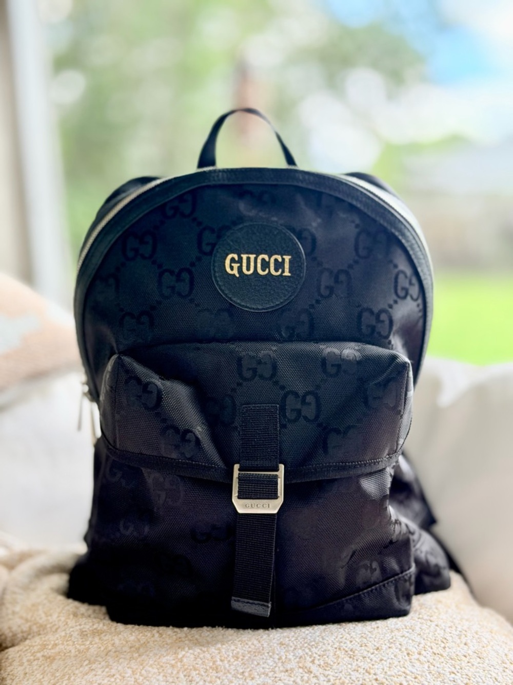 Gucci Black GG Monogram Logo Backpack with Gold Emblem